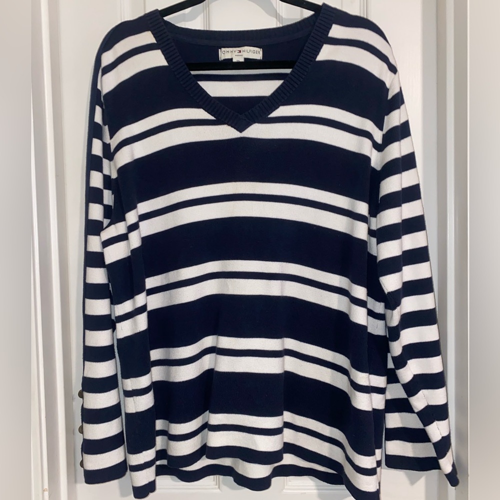 Tommy Hilfiger Navy and White Striped Sweater